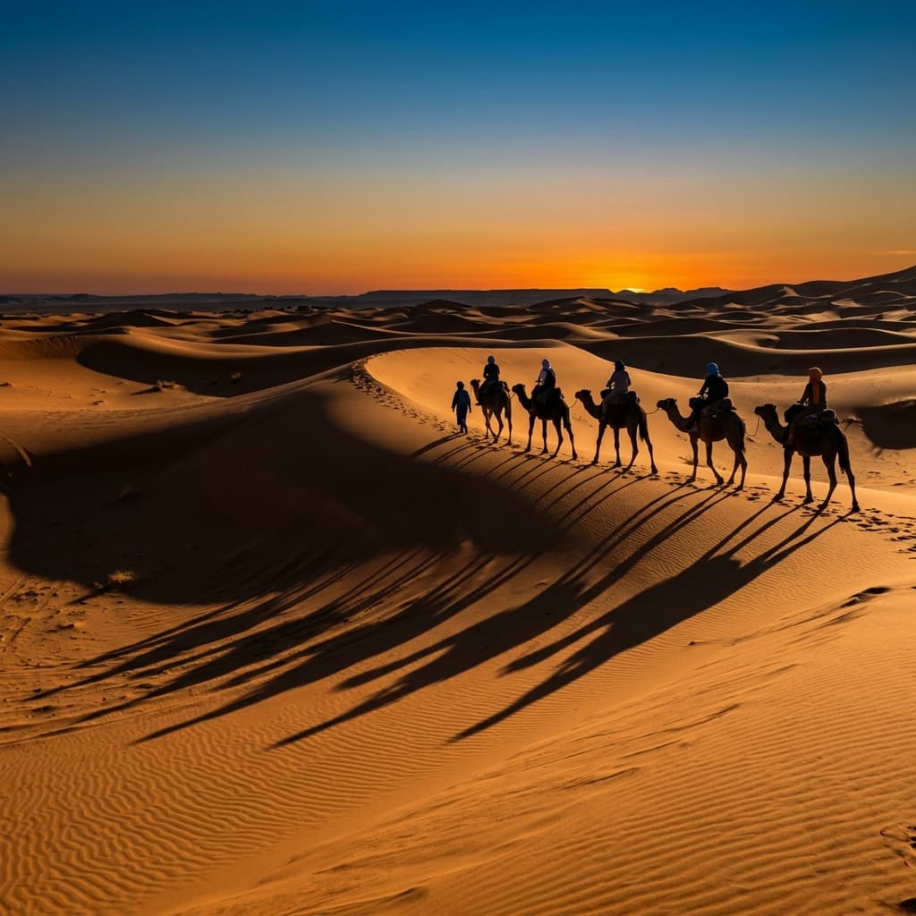 Camel caravan in Sahara desert at sunset